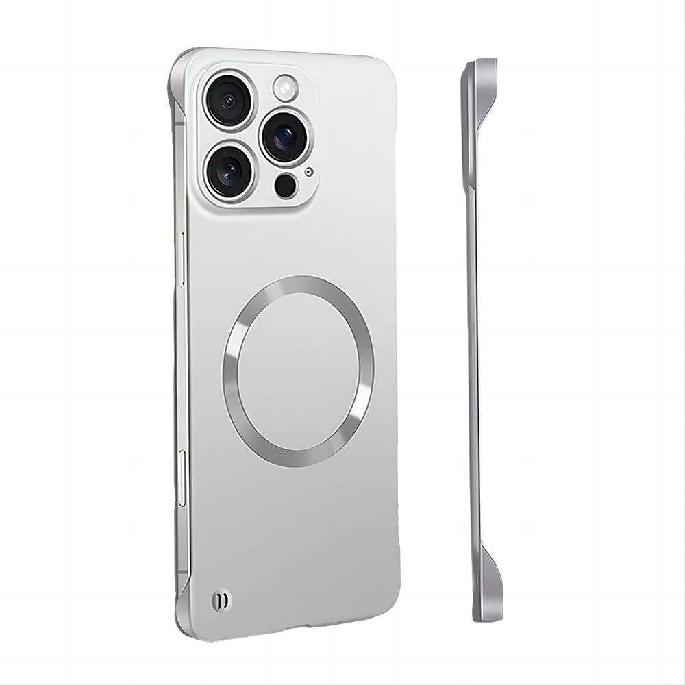 Photo 1 of YAOZOCASE for iPhone Case,Luxury Magnetic Metal Gloss Matte Ultra Thin Frameless,Compatible with Magsafe Slim Hard PC Protection Shockproof Phone Case (Silver,iPhone 16 Pro)
