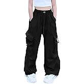 AOWKULAE Girls Cargo Pants Elastic Waist Drawstring Parachute Pants with Pockets, 5-14 Years
