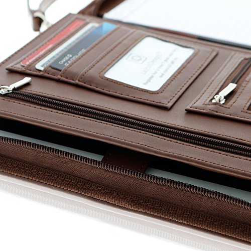 Small Zippered Business Padfolio with Junior Legal Notepad - Dark Brown PU Leather Portfolio Binder & Organizer Folder with 8 Inch Tablet Sleeve by Lautus Designs