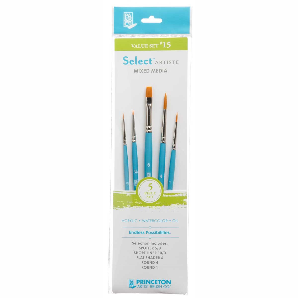 Princeton SelectArtiste Fine Art Multi-Technique Brush Set, 5 x Synthetic Brushes, Mixed Media, For Professionals & Students
