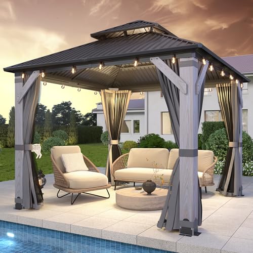 COVERONICS 8.5' x 8.5' Outdoor Wooden Gazebo - Permanent Wood Hardtop Gazebo Pavilion with Double Curtains, Galvanized Steel Roof Cedar Wood Gazebos for Garden, Lawn, Poolside, Backyard Deck