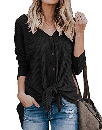 Womens Waffle Knit Tunic Blouse Front Tie Knot Henley Tops Button Down Knitting Cardigan Batwing Plain Shirts Black M