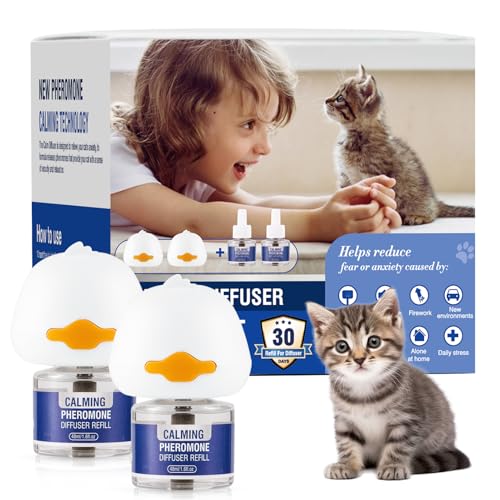 Piuess Katzen Beruhigung Steckdose FüR Cat Calming Diffuser Beruhigendes Diffusor-Set Katze Anti Stress Pheromon Beruhigungsmittel Duftstecker Geschmacklos（2 StöPsel + 2 NachfüLlpackungen à 48 Ml）