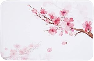 LIVILAN Pink Cherry Blossom Bathroom Rug Mat, Thick Soft Memory Foam Non Slip Floral Bathroom Floor Carpet, Decorative Bath Rug Machine Washable, 16