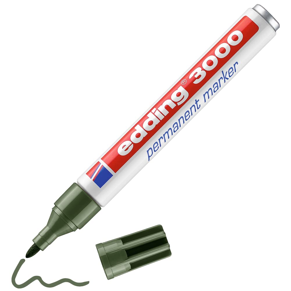 edding 3000 permanent marker - olive-green - 1 pen - round tip 1.5-3 mm - quick-drying permanent markers - waterproof, smudge-proof - for cardboard, plastic, wood, metal, fabric - marker pens