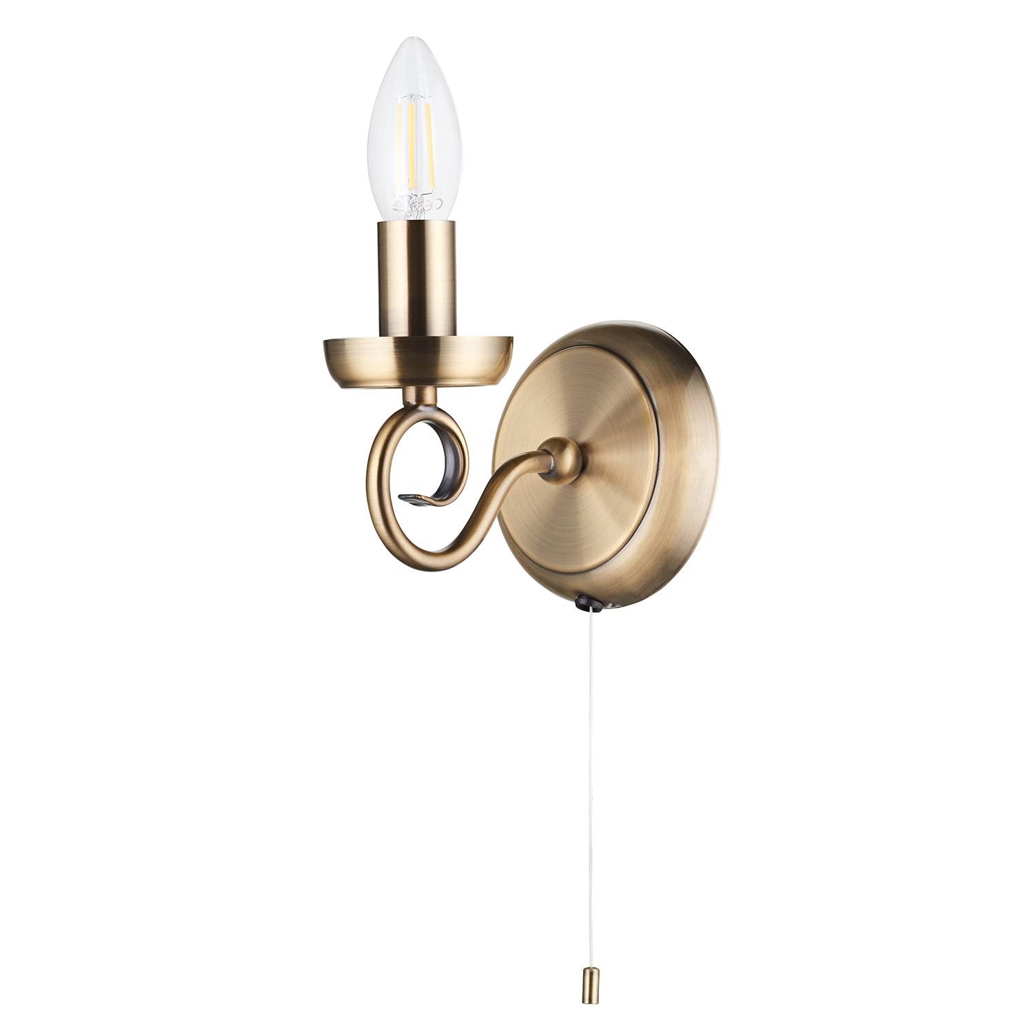 Happy Homewares Traditional and Vintage Antique Brass Wall Light Fitting with Scroll Arm and Pull Switch | SES 60w Maximum | 17cm x 14cm x 12cm