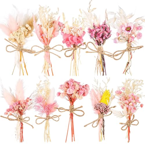 10 Pack Dried Flower Bouquets Pink Series Natural Dry Flowers Combination with Stem Boho Wedding Decor Artificial Floral Embossing Flower Bundles for Craft Vase, Table Centerpieces, Proposal Bouquet