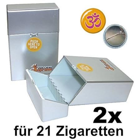 2x ZIGARETTENBOX silber metallic für 21 Zigaretten Schnappverschluss Zigaretten Etui inkl. Om Button 25mm