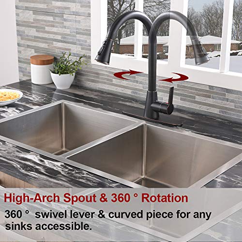 VALISY Lead-free Antique Stainless Steel Single Handle Single Lever Pull Out Pull Down Sprayer Oil Rubbed Bronze Kitchen Sink Faucet, Kitchen Faucet with Deck Plate - Thumbnail 2
