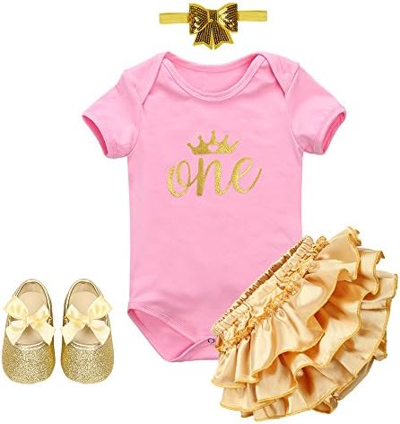 Newborn Baby Girls Infant Toddlers Kids It's My 1st Birthday Cake Smash Romper Bodysuit Princess Rainbow Mesh Tutu Skirt Ruffle Bloomers Shoes with Headband 4PCS Outfit Set