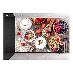 Breakfast with Muesli, Berries, Crisp Bread and Yogurt - Removable Wall Mural | Self-Adhesive Large Wallpaper - 66x96 inches