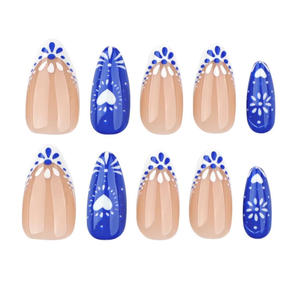 Blue White Totem Press on Nails French Tip Fake Nails Short Almond False Nails with Design Heart Glue on Nails Glossy Artificial Acrylic Full Cover Nude Stick on Nails for Women Manicure 24Pcs - Image 5
