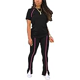 STOLKISS Women 2 Piece Outfits Summer Workout Sweatsuit Striped Short Sleeve Long Flare Pants Casual Vacation Tracksuit
