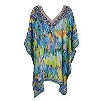 Mogul Women's Lightweight Caftan Dress / Cover Up With V-Neck Jewels (Blue-2)