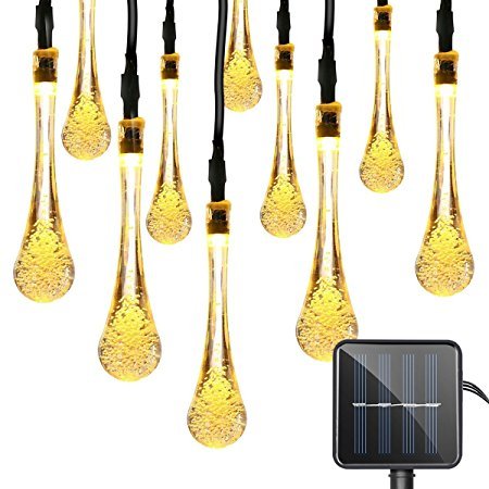 Quace Solar String Lights 6m/20ft 30 LED Water-Resistant Lights Festival Decoration Crystal Water Drop String Lights for Indoor Outdoor Bedroom Patio Lawn Garden Wedding Party Decorations - Warm White