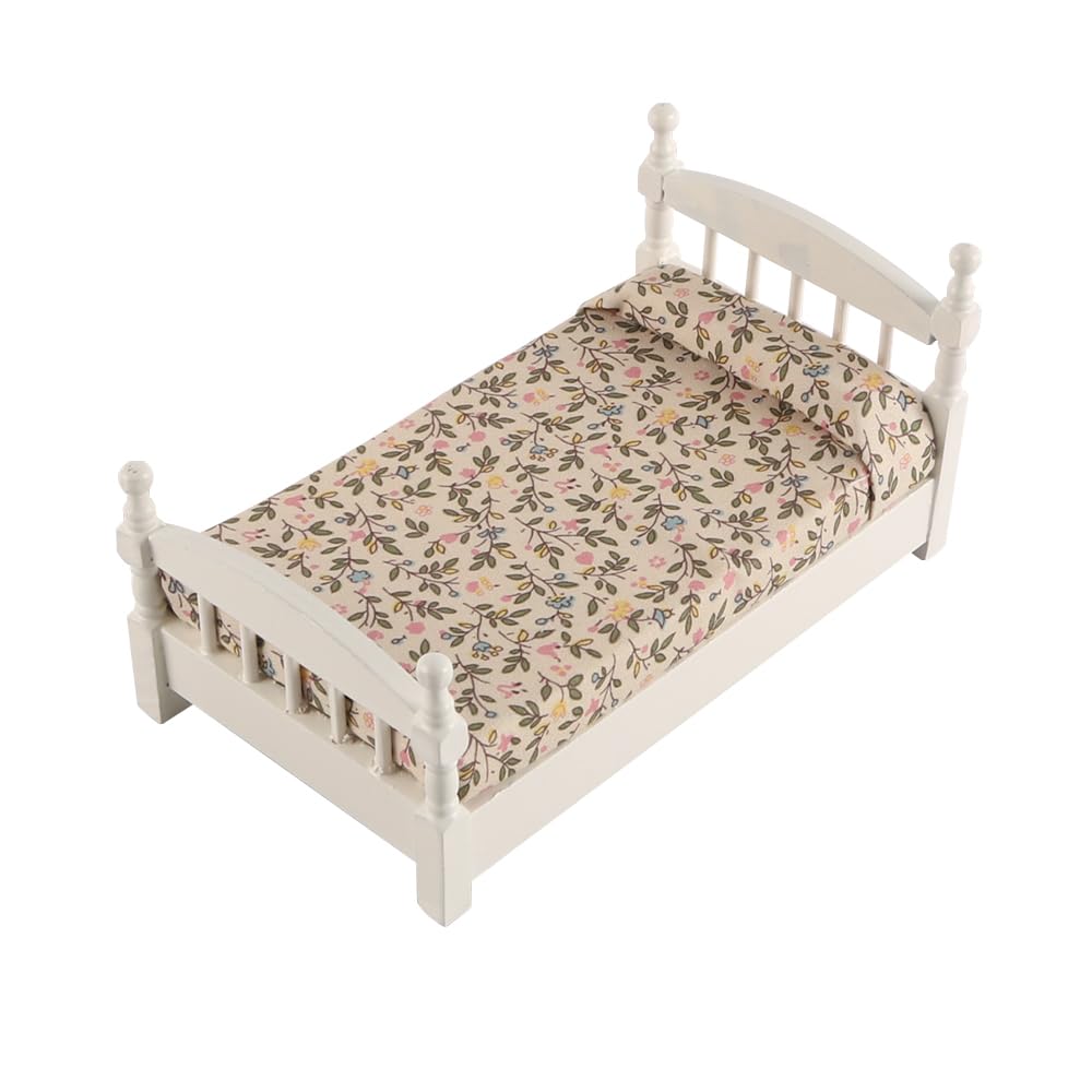 FONGKNOX 1/12 Miniature Single Bed Flower Pattern Miniature Dollhouse Single Bed Wooden Furniture for Dolls House Bedroom Decoration