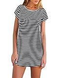 Mesonna Women's Crew Neck Short Sleeve Striped Loose T-Shirt Mini Dress (L, Black)