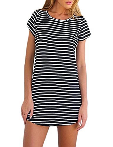 Mesonna Women's Crew Neck Short Sleeve Striped Loose T-Shirt Mini Dress (XXL, Black)