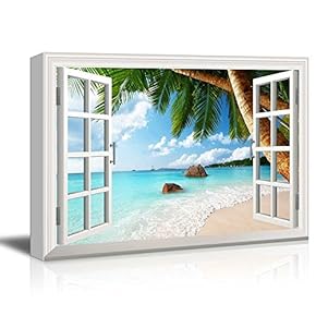 Creative Window View Canvas Prints Wall Art - ANSE Lazio Beach on Praslin Island in Seychelles - 24" x 36"