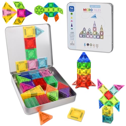 Euakee Magnetic Tiles, Travel Magnetic Building Blocks Set, Mini Magnetic Tiles, Building Toys with Iron Box for Boys and Girls, Montessori Toy (B)
