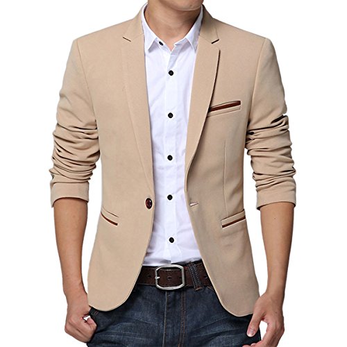 Pishon Men's Slim Fit Suits Casual One Button Flap Pockets Solid Blazer Jacket, Khaki, Tag Size 3XL=US Size M