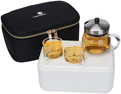 Portable Travel Glass Teapot Set with Removable Stainless Steel Infuser &amp; Lid, 5Oz Teapot and 2 Tea Cups with Portable Bag for Outdoor Picnic
