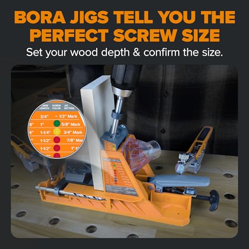 Bora Automatic Pocket Hole Jig with 50 Color-Coated Screws, Auto Adjusting Drill Guide, Pocket Hole Jig Kit for Woodworking - for Materials 1/2 inch to 1 1/2 inch Thick, BR-A170201