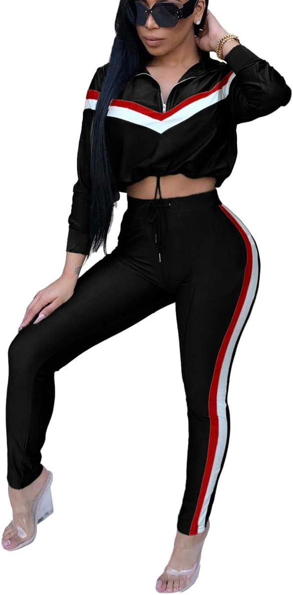Mycherish Two Piece Outfits for Women Sexy Long Sleeve Stripe Print Front Zip Jacket Set Bodycon Long Pants Set Jumpsuits