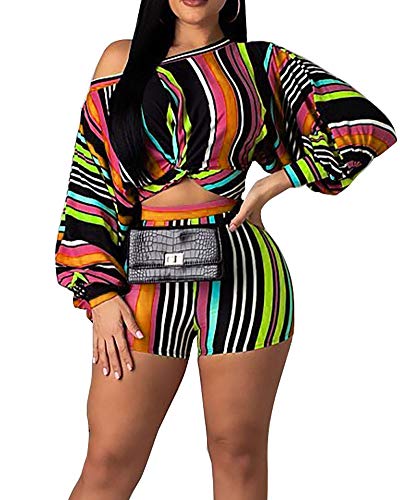 Women Sexy 2 Piece Print Jumpsuits Off Shoulder Crop Top Short Pants Set Outfits Green S