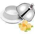 EATAKWARD Ceramic Butter Dish with Stainless Dome Cover, Cheese Dish with Lid, Small Cheese Plate Serving Tray with Silver Handled Lid for Countertop, Dessert, Cupcake, Cream Cake, Appetizer