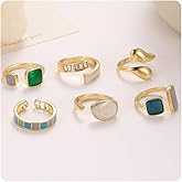 TUCEWP 6Pcs Green Enamel Rings for Women Vintage Chunky Twist Stackable Rings Gold Adjustable Open Cubic Zirconia Statement Ring Set Boho Stacking Knuckle Ring Trendy Birthday Christmas Jewelry Gift