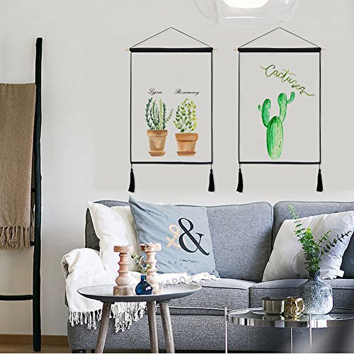 Adarl Hanging Painting Wall Art Wooden Scroll Painting Rolling Art Print on Canvas Framed with Tassel Ready to Hang for Home Office Decor(Green Plants)