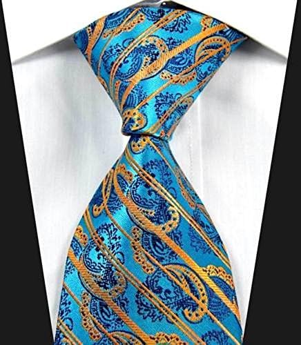 Ramakini - Paisleys Stripes Blue Gold JACQUARD WOVEN 100% Silk Men's Tie Necktie