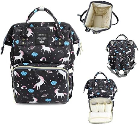 Vakker Wide Open Diaper Bag Backpack, Large Capacity, Multi Function Organizer, Waterproof, Unicorn (Black)