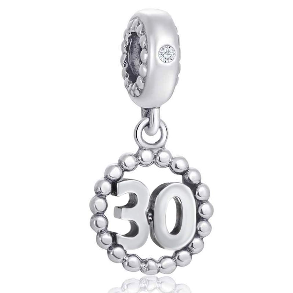 Number Bracelet Charms - 925 Sterling Silver Pendants/Beads Fit Pandora Charm Bracelets, Necklace, and European Snake Chain, Dangling/Dangle Charm for Birthday.(Number 30)