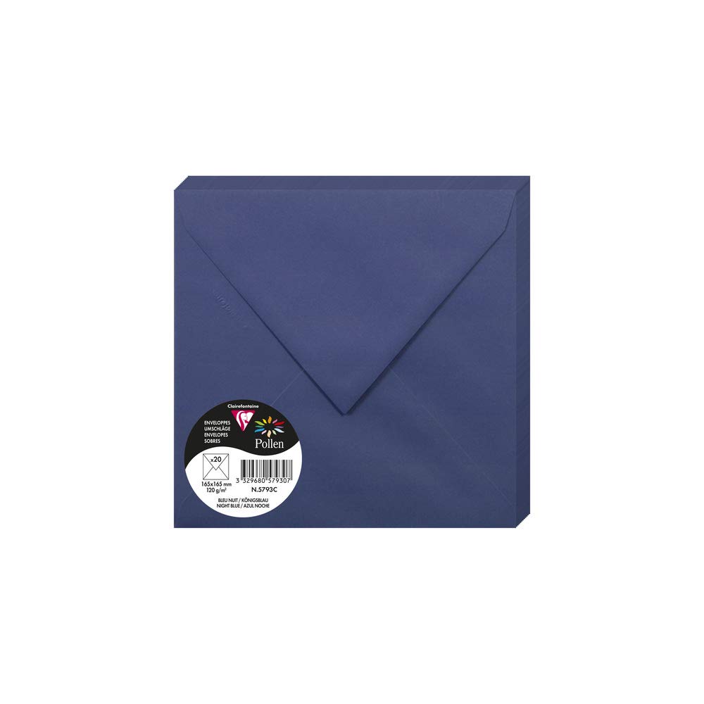 Clairefontaine 5793C Pack of 20 Gummed Envelopes Square Format 16.5x16.5cm 120g/m² Midnight Blue Invitation Events Correspondence Pollen Range Premium Paper