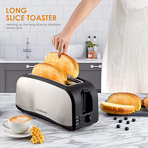 Toaster 4 Slice, CUSINAID 2 Long Slot Toasters with Defrost, Reheat