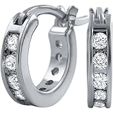 White Gold 925 Sterling Silver Post Iced 5A Cz Small Thin Hoop Earrings For Men Women One Row Chanel Set Skinny Hypoallergenic Unisex Cartilage Huggie Hoops Jewelry Gifts For Dad Fathers
