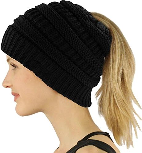 Yeewin BeanieTail Womens Ponytail Knit Messy High Bun Beanie Solid Ribbed Hat Cap With Ponytail Hole (Black)