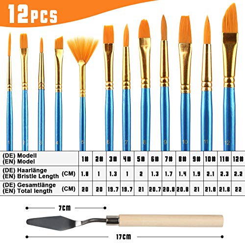 Koogel 16 STK. Künstlerpinsel Set, 12 Künstlerpinsel Malen Acrylpinsel mit 2 Mischpalette 1 Palettenmesser 1 Kunstschwamm für Anfänger Kinder Künstler Gemälde Liebhaber