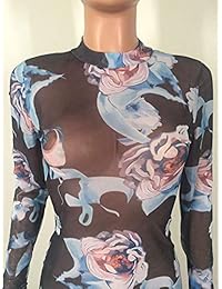 Seraih vestido de manga larga con cuello alto estampado floral para mujer, vestido sexy para ver a través, vestido de fiesta Bodycon Clubwear vestidos talla grande