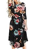 Fantaist Women's 3/4 Sleeve Elastic Waist Casual Swing Midi Dress with Pocket