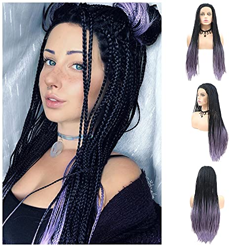 RainaHair 26inches Long Box Braids Wig Black Roots Ombre Purple Wig Synthetic Lace Front Wigs Braided Wig Natural Hairline Lavender Wig for Women Girls Free Part Wig For Black Woman