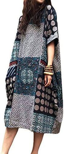 LVCBL Women Summer Short Sleeve Linen Loose Kaftan Casual Baggy Dress Plus Size S-5XL