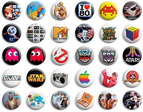 1980s Theme Party Favor Pinback Buttons Retro 30 Pcs Pins Badges 1.25 inch
