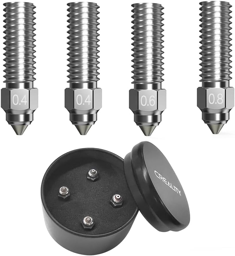 Photo 1 of Bimetal 4pcs Upgrade K1/ K1 Max High Flow Nozzle Kit 0.4mm 0.6mm 0.8mm Hardened Steel Plated Copper Bimetallic nozzles Compatible with Creality K1 Max, CR-M4, Ender 3 V3 KE, CR10 SE 3D Printer