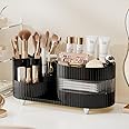 Rotating Makeup Organizer for Vanity with Brush Holder and Drawer, 3 Layer Cosmetic Makeup Storage, Large Makeup Skincare Organizer, Countertop Makeup Perfume Organizer, Lotions Display Case (Black)
