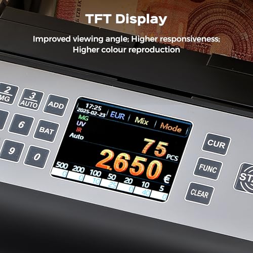 Bonvoisin Professional Banknote Counter, Value Counting for Mixed Euro Banknotes, Money Counter Machine with UV/MG/IR Detection, 1000 Pieces/Min, Banknote Counter with External Display