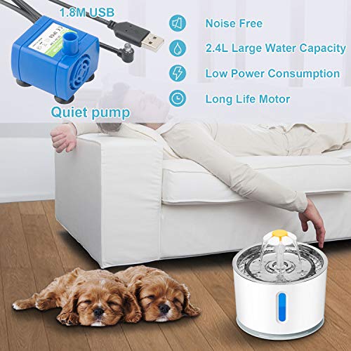 AsiFancy Cat Water Fountain, Cat Dog Drinking Fountain, Ultra Quiet Water Level Window with LED Light, 3 Modes 2.4L Pet Dispenser, 3 Packs Replacement Filters, USB NO Adapter (Cat Water Fountain) - Thumbnail 5