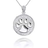 Claddagh Gold Solid .925 Sterling Silver Puppy Dog Cat Pet Paw Print Round Coin Medal Pendant Necklace - Choice of Pendant Only or Necklace Length